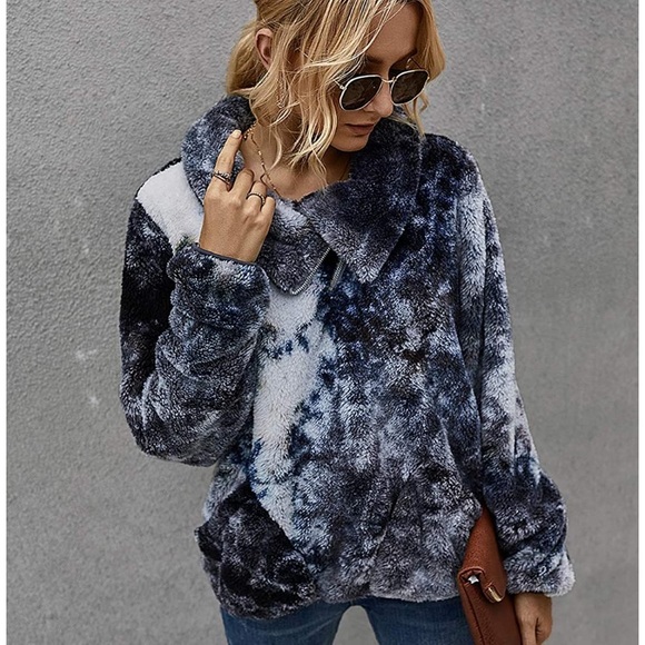 Tie Dye-Black Faux Shearling Shaggy Warm Pullover - Picture 2 of 6